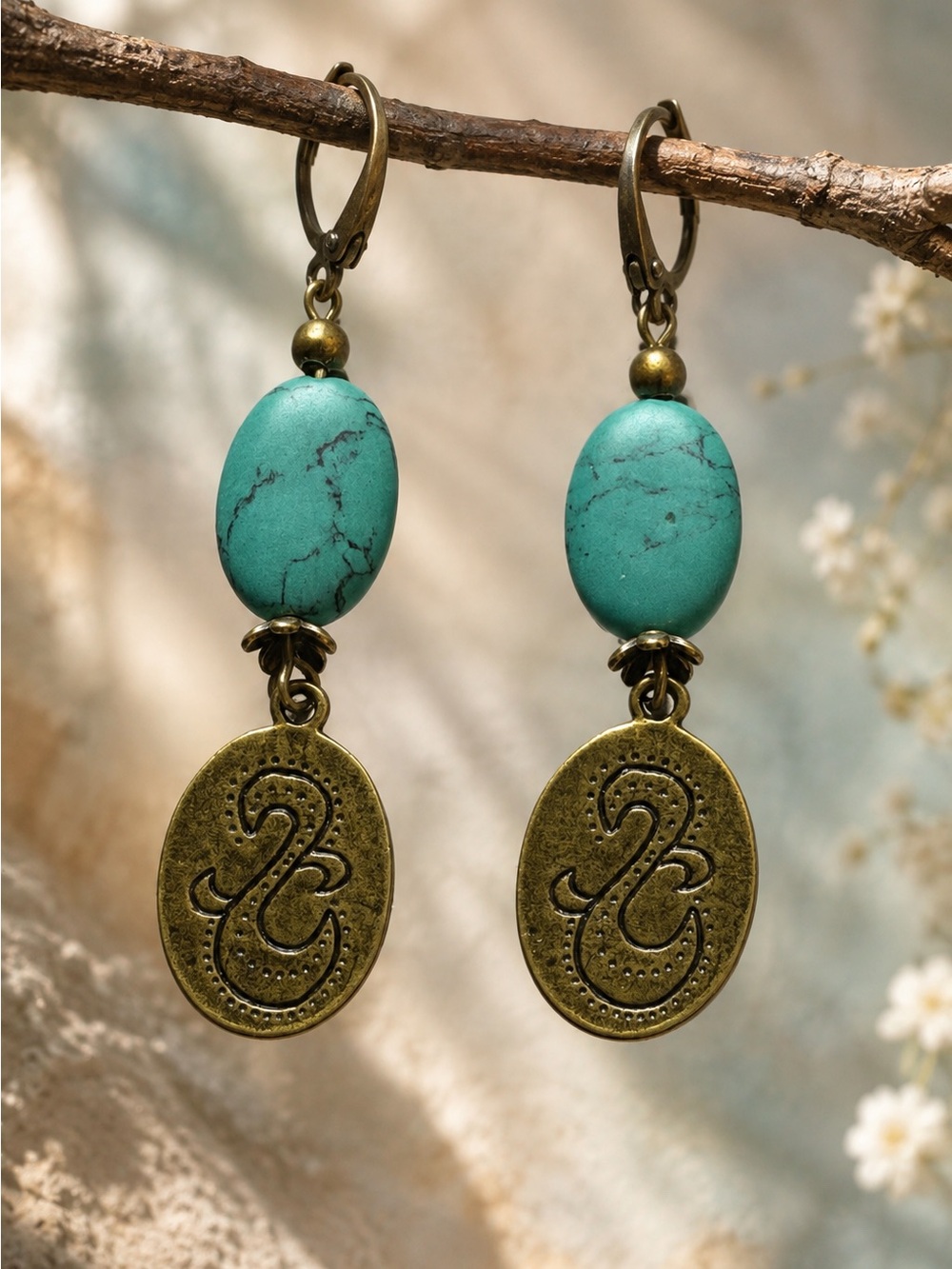 Turquoise Blue Bead Antique Bronze Medallion Earrings